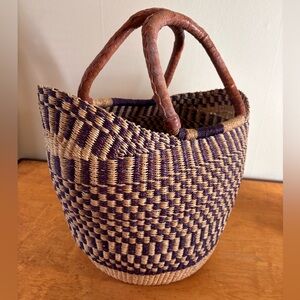 Large handwoven purple tan market baskets with leather handle